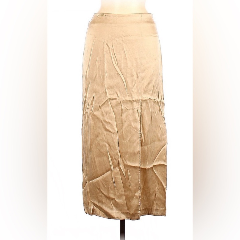 Stockholm Atelier Long High Waist Tan Gold Silk Skirt, size 6
